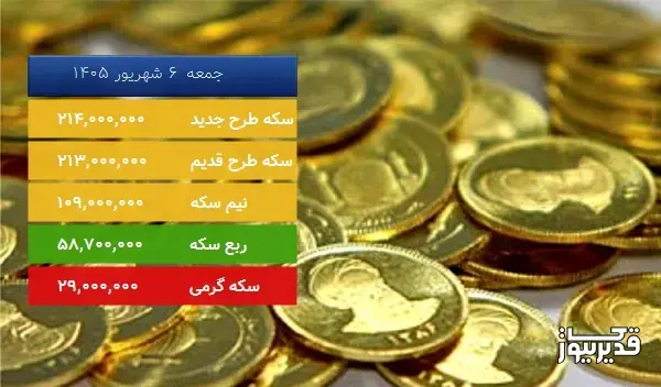 قیمت سکه امروز جمعه 6 شهریور 1405