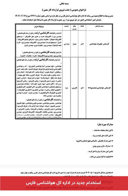 استخدام جدید در اداره کل هواشناسی فارس